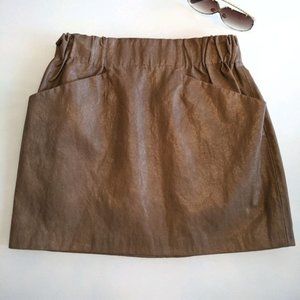Zara Vegan Leather Mini Paper Bag Skirt Pockets Size Small Brown Elastic Stretch